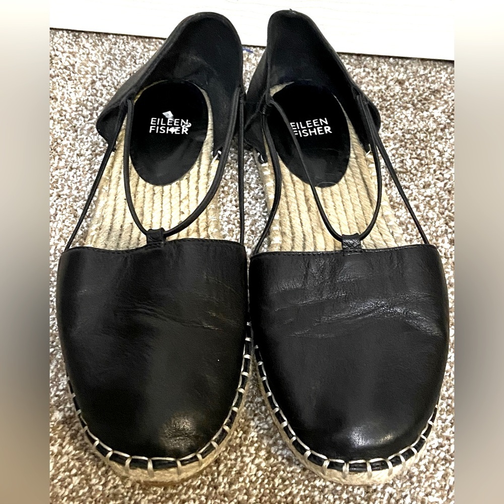 Eileen Fisher Black Leather Lee D'Orsay Espadrille Flat Shoe Women's Size 9